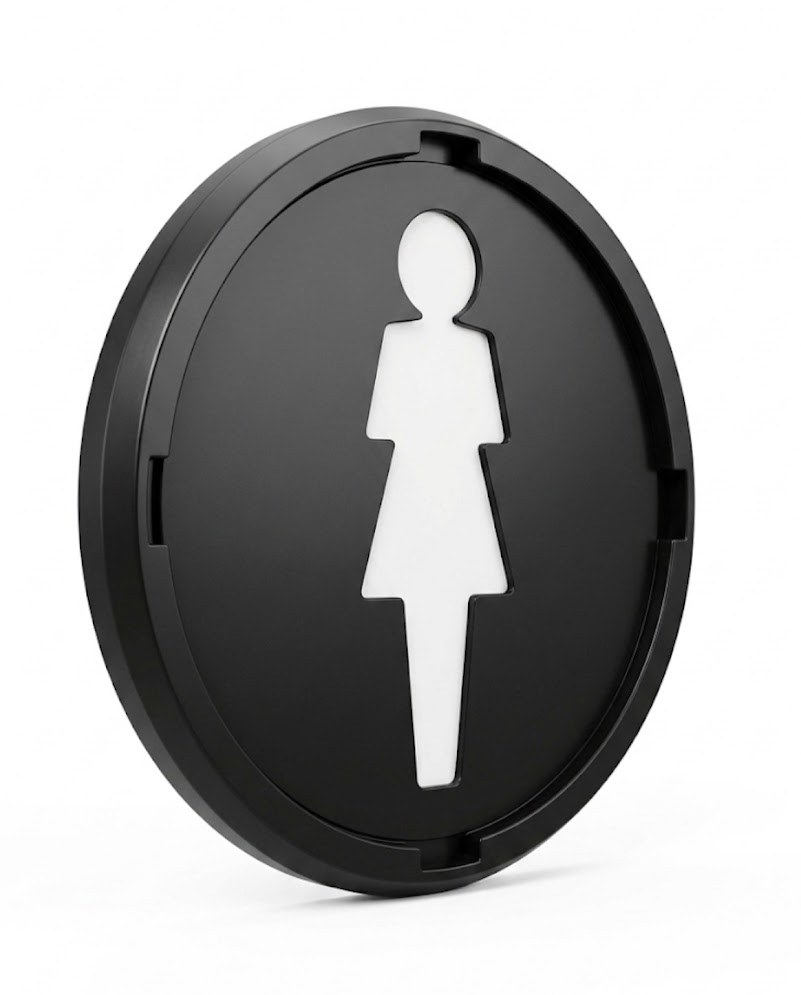 ProPlacard&trade; restroom trailer placard system shown at a 3/4 angle with a white female pictogram on a black mounted base